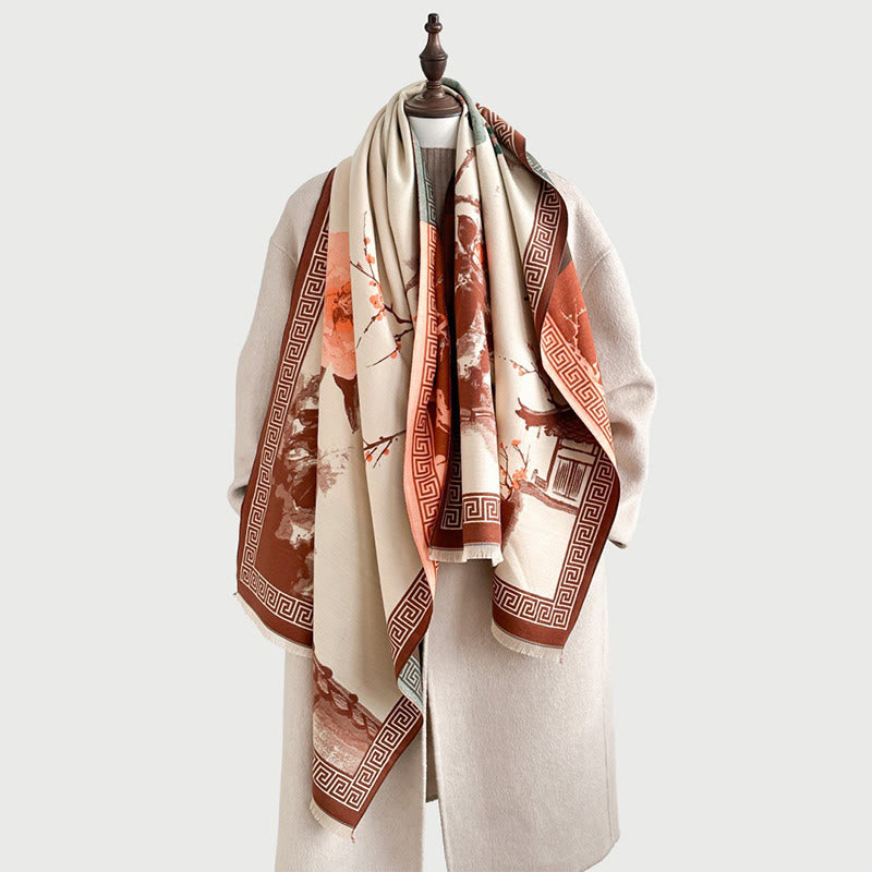 Sciarpa accogliente con motivo a inchiostro dipinto a mano con motivo a prugna autunnale Buddha Stones - image 3