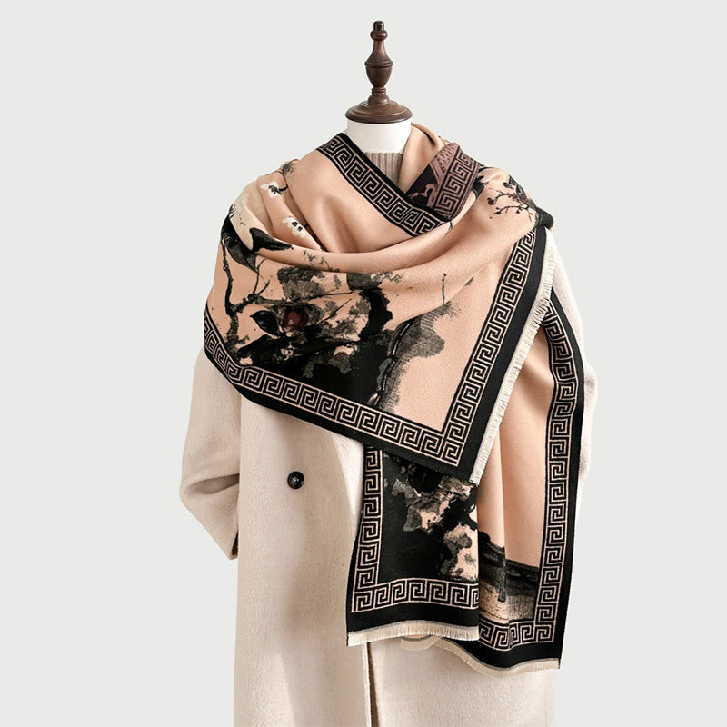 Sciarpa accogliente con motivo a inchiostro dipinto a mano con motivo a prugna autunnale Buddha Stones - image 18