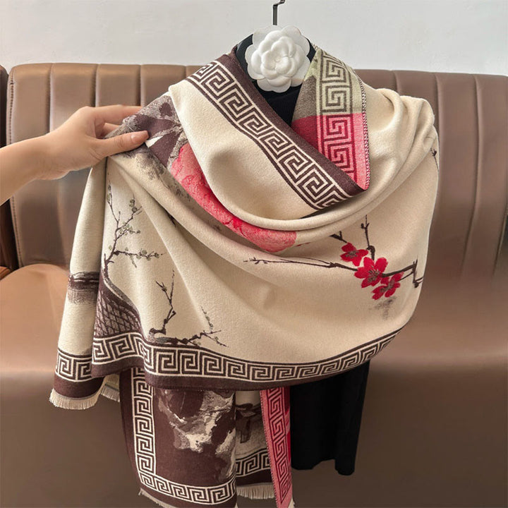 Sciarpa accogliente con motivo a inchiostro dipinto a mano con motivo a prugna autunnale Buddha Stones - image 13