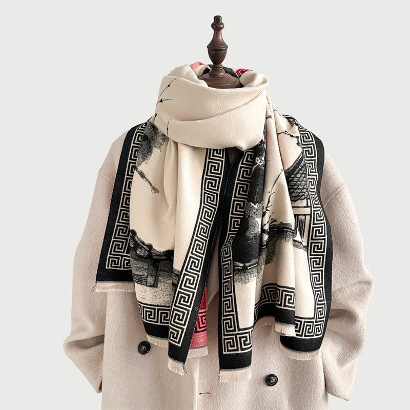 Sciarpa accogliente con motivo a inchiostro dipinto a mano con motivo a prugna autunnale Buddha Stones - image 6