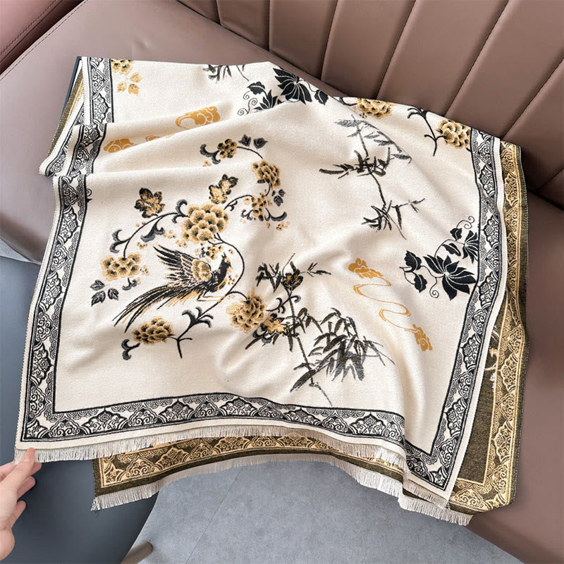 Sciarpa morbida con motivo a scialle, motivo a foglie di bambù, uccelli invernali Buddha Stones - Beige - 180*65cm - image 8