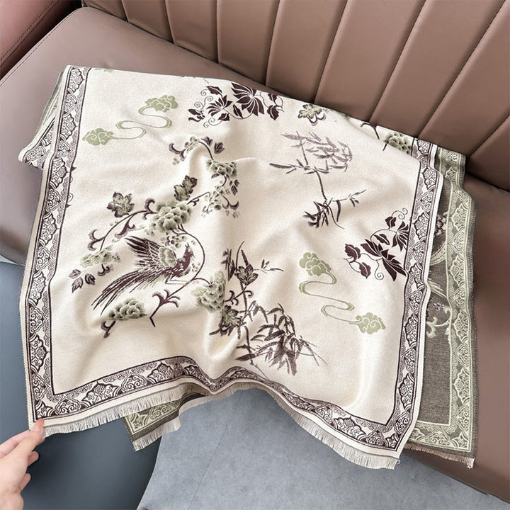 Sciarpa morbida con motivo a scialle, motivo a foglie di bambù, uccelli invernali Buddha Stones - Cachi scuro - 180*65cm - image 12