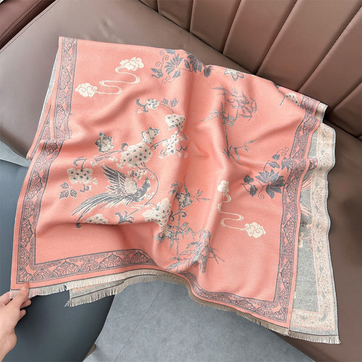 Sciarpa morbida con motivo a scialle, motivo a foglie di bambù, uccelli invernali Buddha Stones - image 2