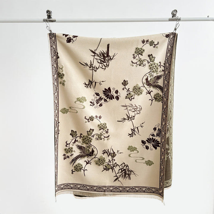 Sciarpa morbida con motivo a scialle, motivo a foglie di bambù, uccelli invernali Buddha Stones - image 13