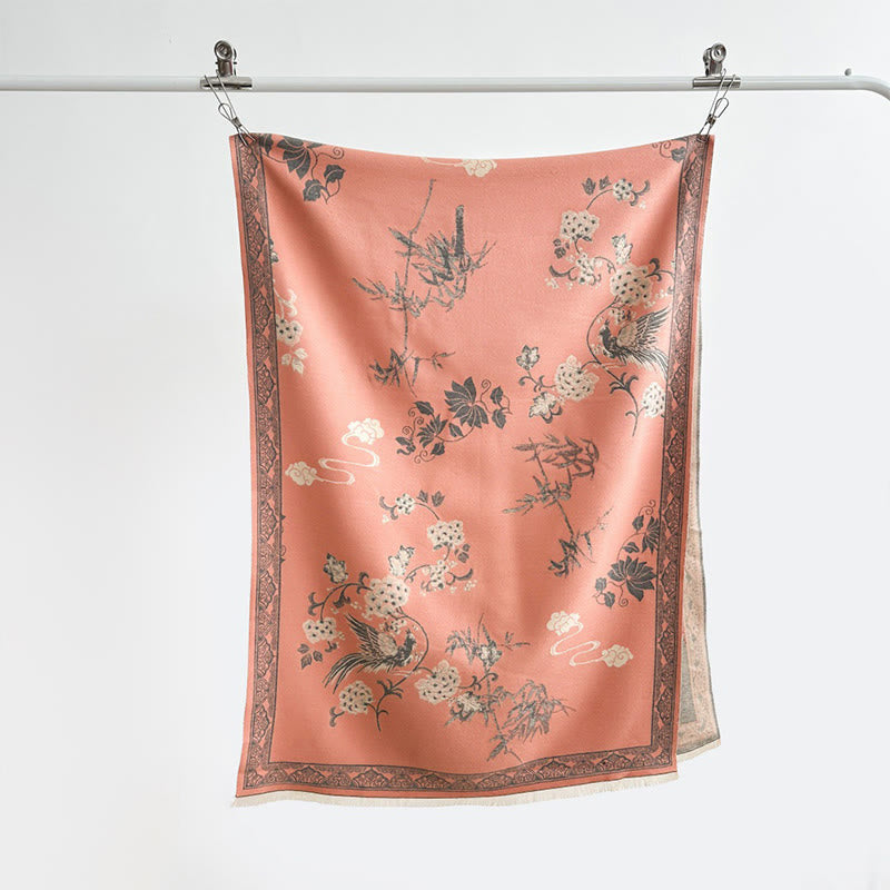 Sciarpa morbida con motivo a scialle, motivo a foglie di bambù, uccelli invernali Buddha Stones - image 1