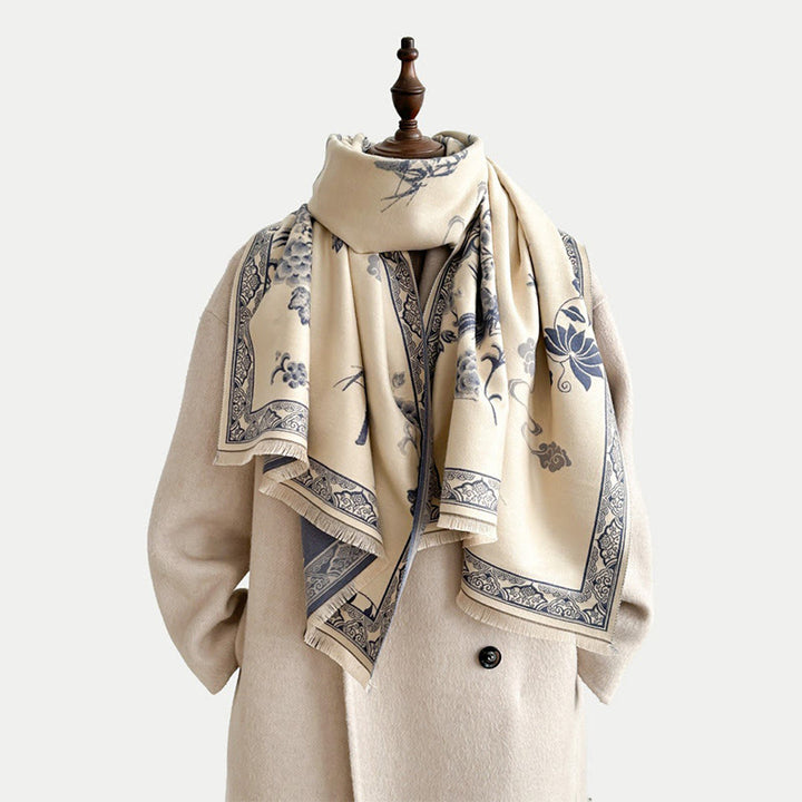 Sciarpa morbida con motivo a scialle, motivo a foglie di bambù, uccelli invernali Buddha Stones - image 19