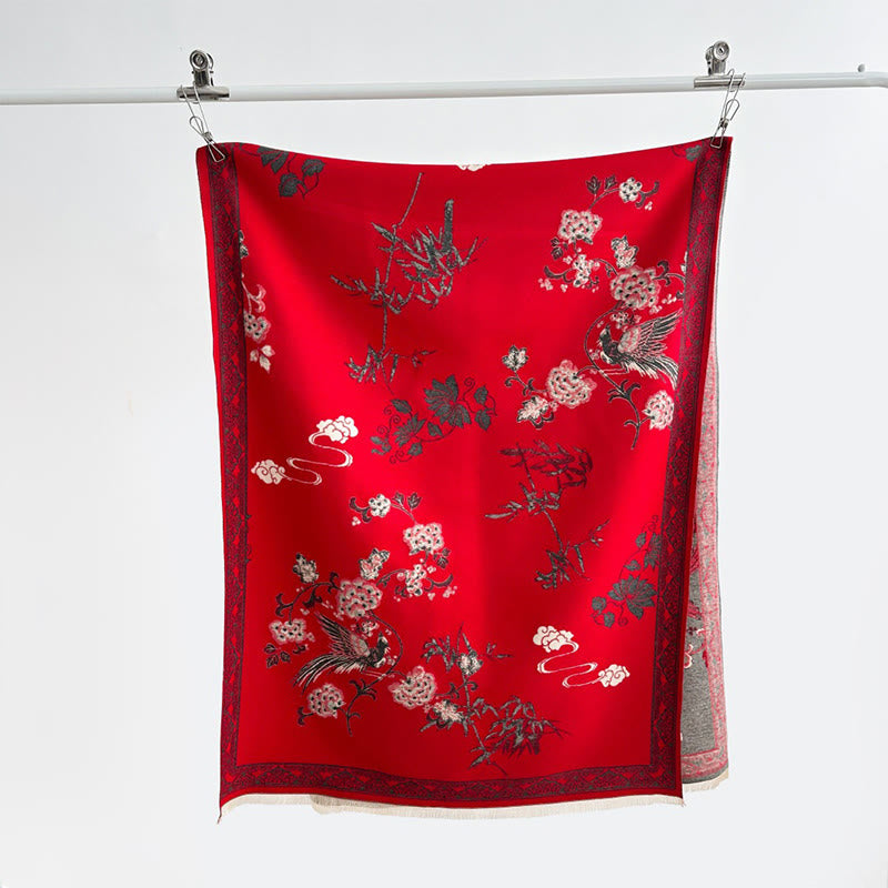 Sciarpa morbida con motivo a scialle, motivo a foglie di bambù, uccelli invernali Buddha Stones - image 5