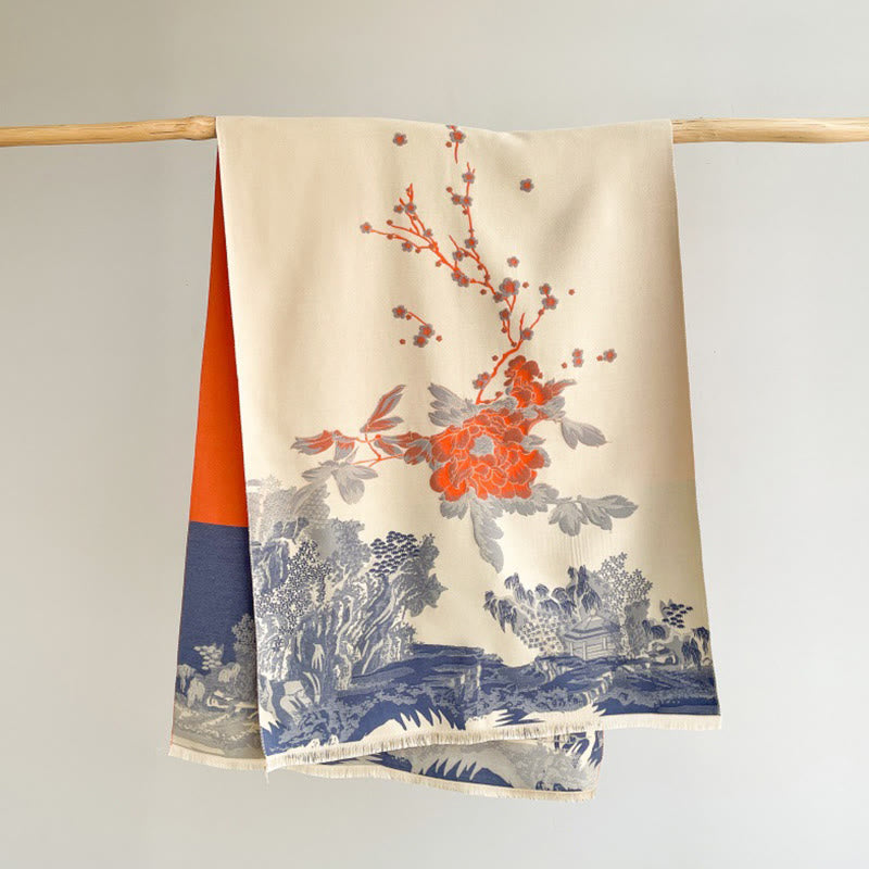 Sciarpa accogliente con motivo a padiglione, motivo Buddha Stones Fall Flowers Trees - image 1