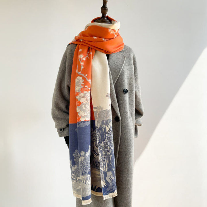 Sciarpa accogliente con motivo a padiglione, motivo Buddha Stones Fall Flowers Trees - image 2