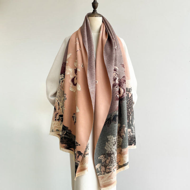 Sciarpa accogliente con motivo a padiglione, motivo Buddha Stones Fall Flowers Trees - image 4