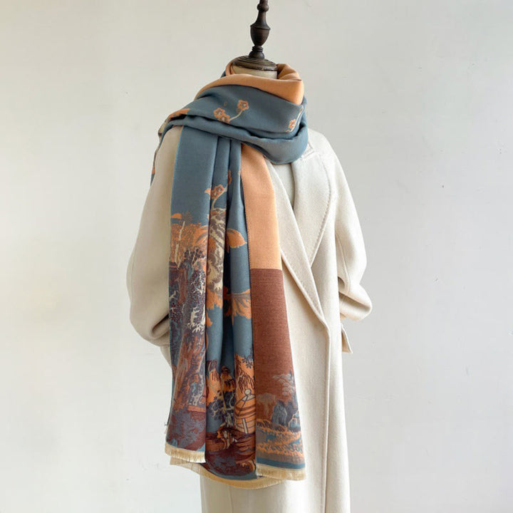 Sciarpa accogliente con motivo a padiglione, motivo Buddha Stones Fall Flowers Trees - image 10