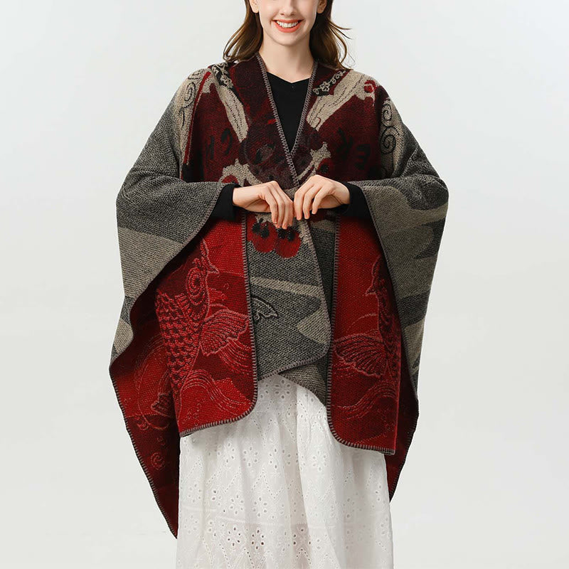 Sciarpa calda e accogliente con motivo a onde di pesci koi invernali Buddha Stones - IndianRed - 130*150 cm - image 0