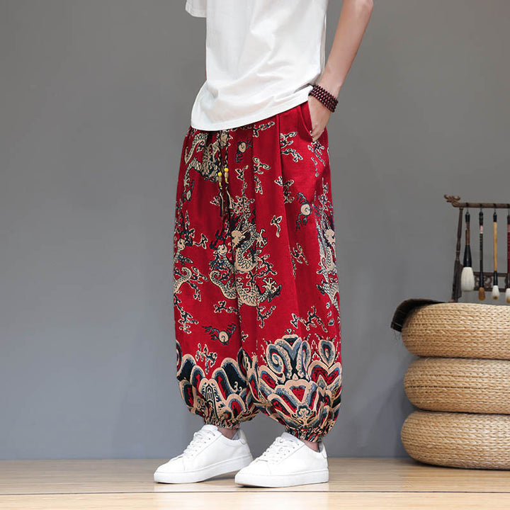 Pantaloni harem da uomo in cotone e lino con coulisse, motivo Buddha Stones Summer Dragon e tasche - Rosso - US/UK/AU46, EU56 (5XL) - image 0