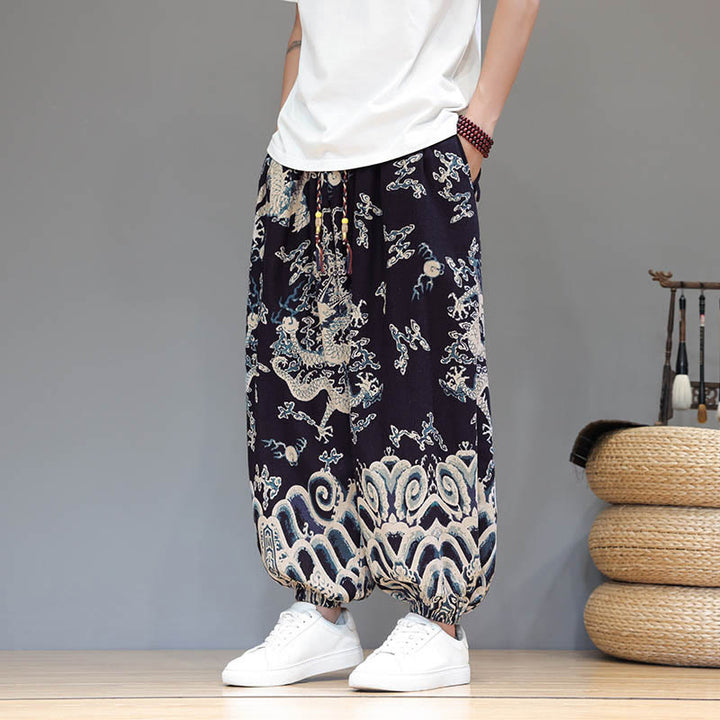 Pantaloni harem da uomo in cotone e lino con coulisse, motivo Buddha Stones Summer Dragon e tasche - SteelBlue - US/UK/AU46, EU56 (5XL) - image 10
