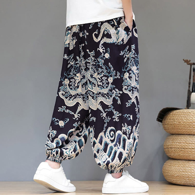 Pantaloni harem da uomo in cotone e lino con coulisse, motivo Buddha Stones Summer Dragon e tasche - image 14