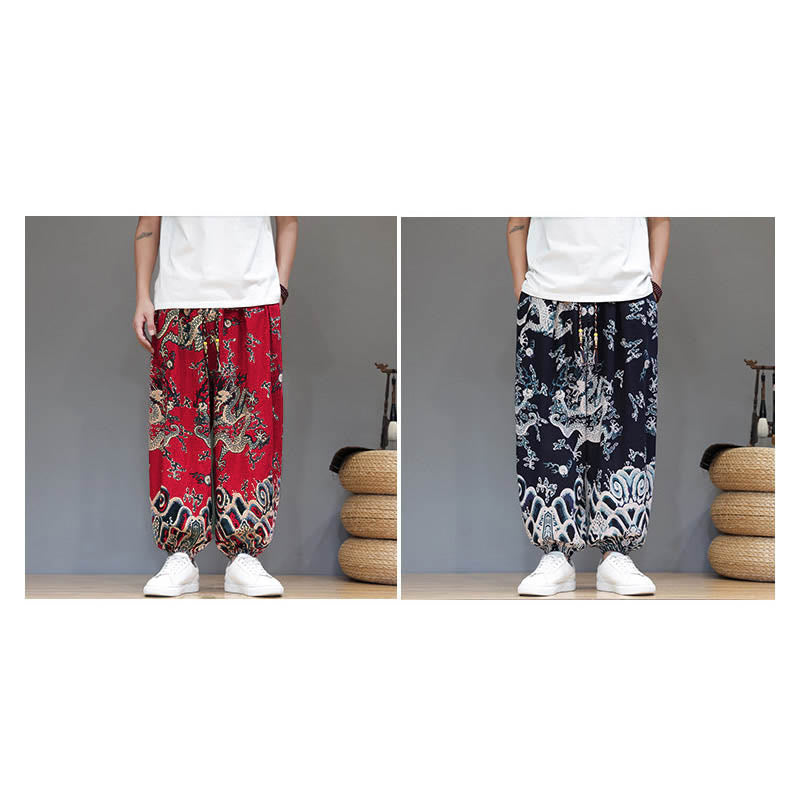 Pantaloni harem da uomo in cotone e lino con coulisse, motivo Buddha Stones Summer Dragon e tasche - image 18