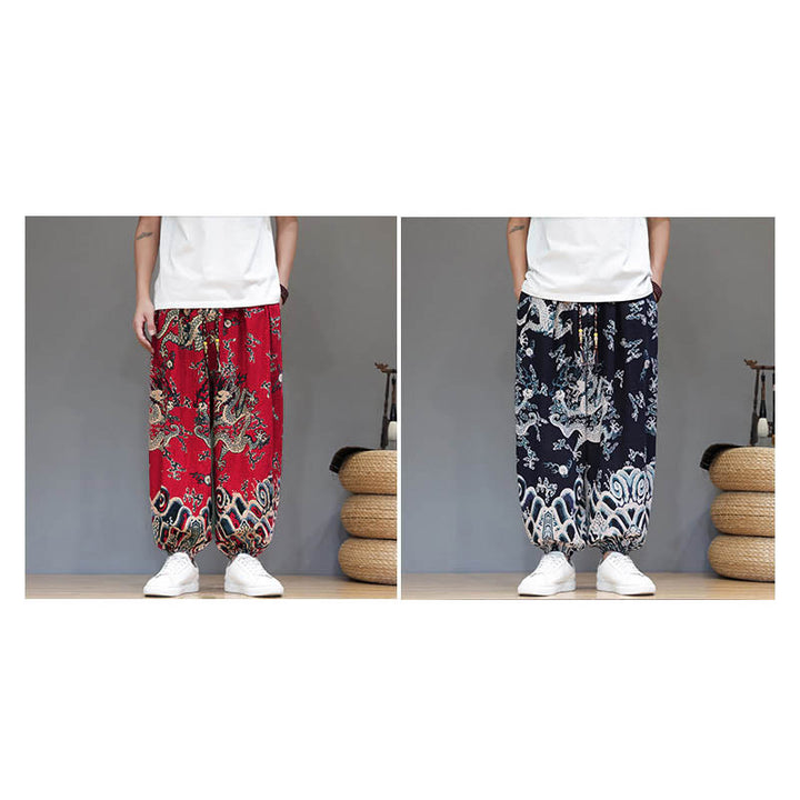 Pantaloni harem da uomo in cotone e lino con coulisse, motivo Buddha Stones Summer Dragon e tasche - image 18
