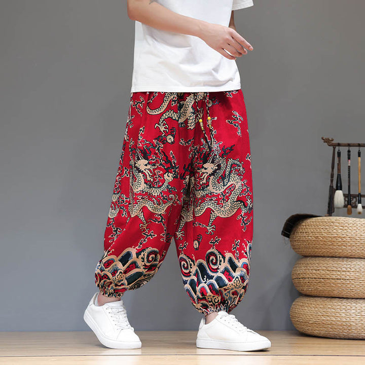 Pantaloni harem da uomo in cotone e lino con coulisse, motivo Buddha Stones Summer Dragon e tasche - image 7