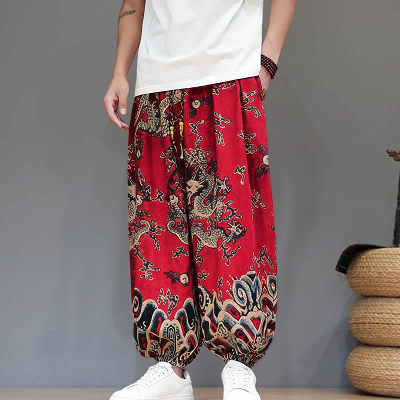 Pantaloni harem da uomo in cotone e lino con coulisse, motivo Buddha Stones Summer Dragon e tasche - image 6