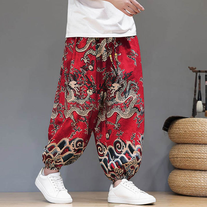 Pantaloni harem da uomo in cotone e lino con coulisse, motivo Buddha Stones Summer Dragon e tasche - image 5