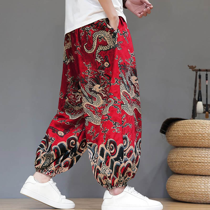 Pantaloni harem da uomo in cotone e lino con coulisse, motivo Buddha Stones Summer Dragon e tasche - image 2