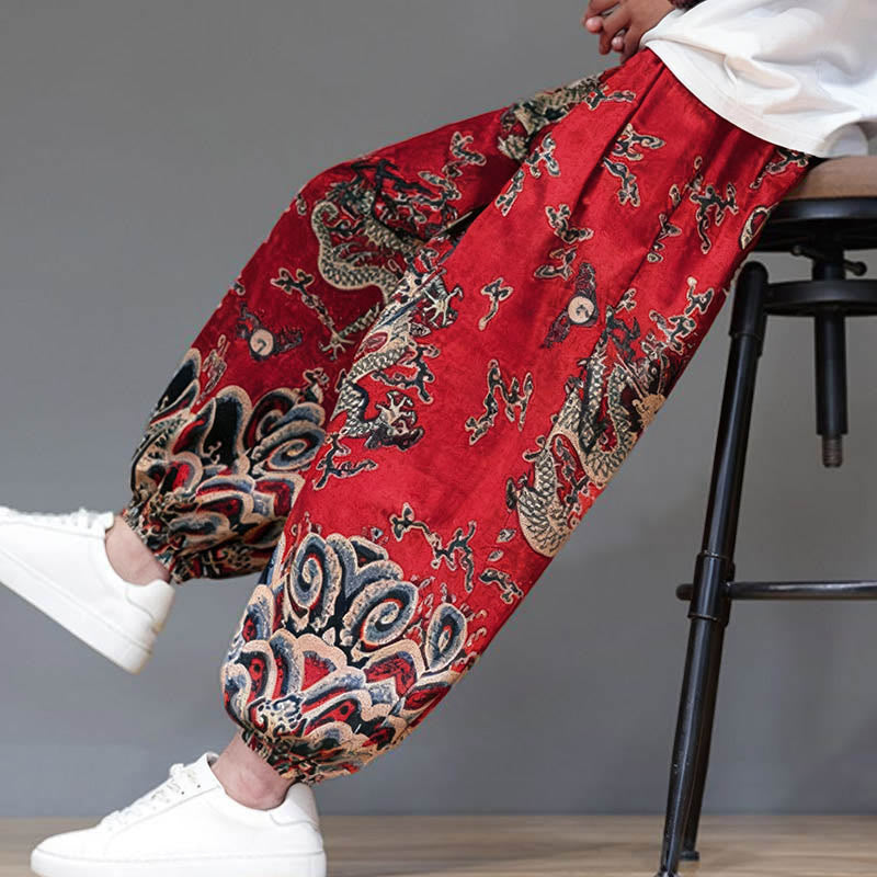 Pantaloni harem da uomo in cotone e lino con coulisse, motivo Buddha Stones Summer Dragon e tasche - image 9