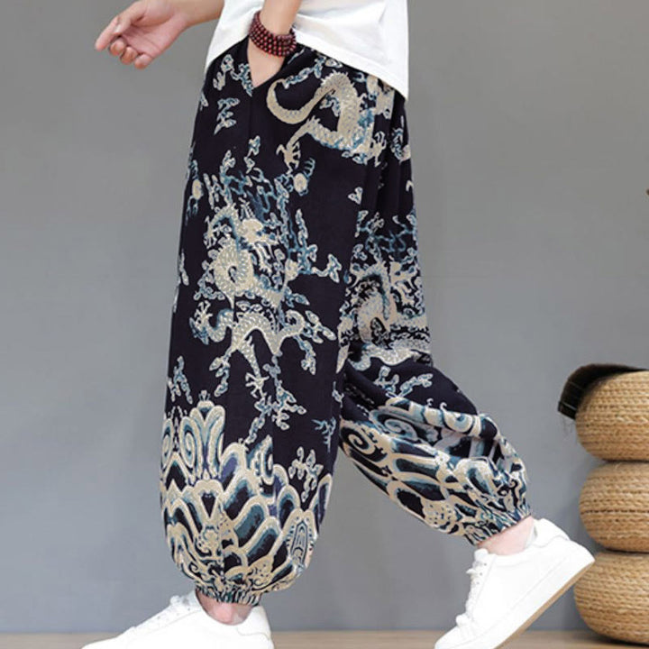 Pantaloni harem da uomo in cotone e lino con coulisse, motivo Buddha Stones Summer Dragon e tasche - image 13