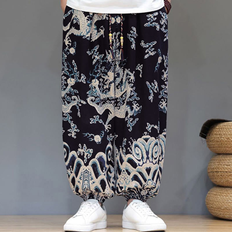 Pantaloni harem da uomo in cotone e lino con coulisse, motivo Buddha Stones Summer Dragon e tasche - image 12