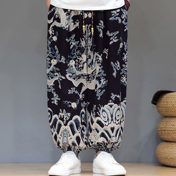 Pantaloni harem da uomo in cotone e lino con coulisse, motivo Buddha Stones Summer Dragon e tasche - image 12