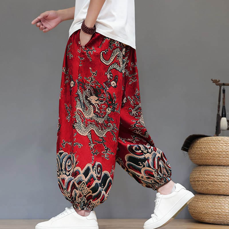 Pantaloni harem da uomo in cotone e lino con coulisse, motivo Buddha Stones Summer Dragon e tasche - image 3