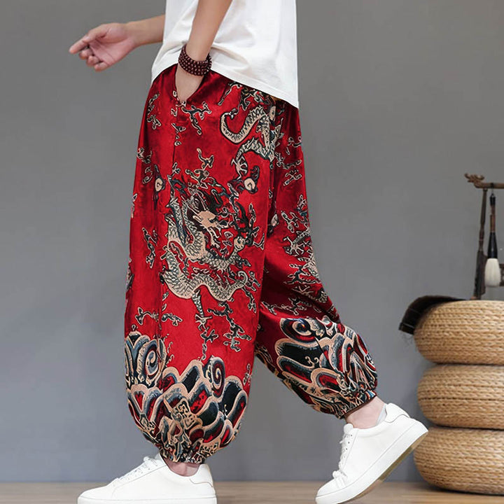 Pantaloni harem da uomo in cotone e lino con coulisse, motivo Buddha Stones Summer Dragon e tasche - image 3