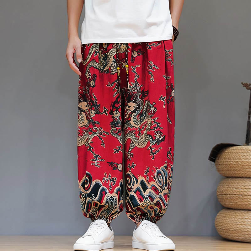 Pantaloni harem da uomo in cotone e lino con coulisse, motivo Buddha Stones Summer Dragon e tasche - image 8