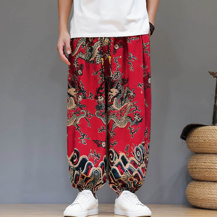 Pantaloni harem da uomo in cotone e lino con coulisse, motivo Buddha Stones Summer Dragon e tasche - image 8