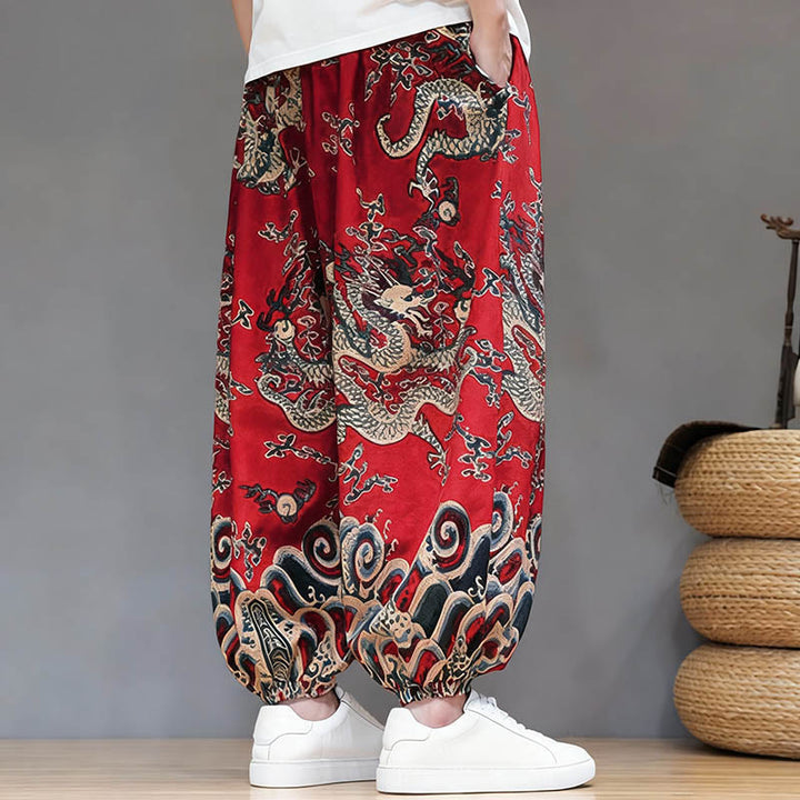 Pantaloni harem da uomo in cotone e lino con coulisse, motivo Buddha Stones Summer Dragon e tasche - image 4