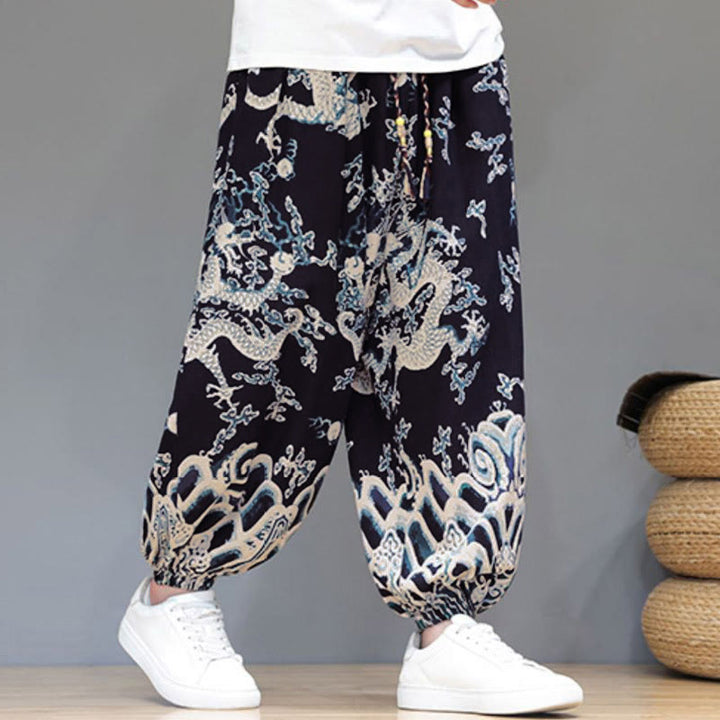 Pantaloni harem da uomo in cotone e lino con coulisse, motivo Buddha Stones Summer Dragon e tasche - image 11