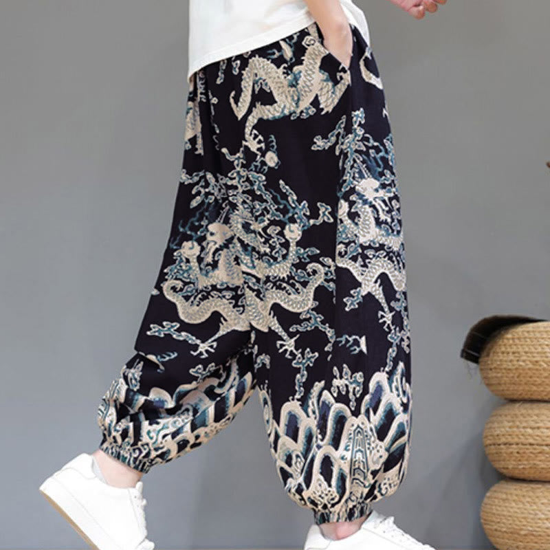 Pantaloni harem da uomo in cotone e lino con coulisse, motivo Buddha Stones Summer Dragon e tasche - image 15