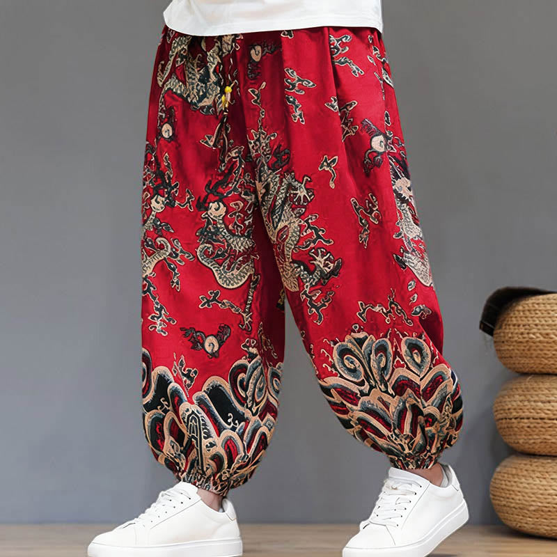 Pantaloni harem da uomo in cotone e lino con coulisse, motivo Buddha Stones Summer Dragon e tasche - image 1