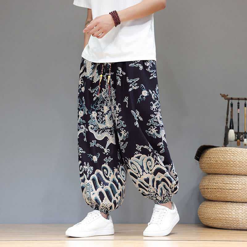 Pantaloni harem da uomo in cotone e lino con coulisse, motivo Buddha Stones Summer Dragon e tasche - image 16