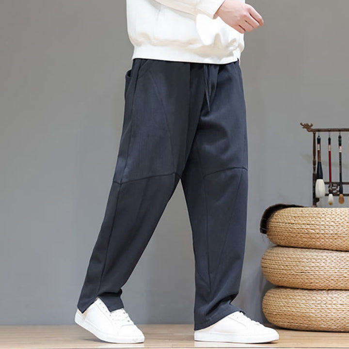 Pantaloni da uomo in cotone e lino con tasche, tinta unita, foderati in pile invernale Buddha Stones - image 6