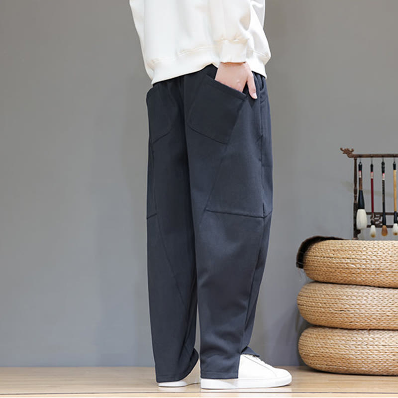 Pantaloni da uomo in cotone e lino con tasche, tinta unita, foderati in pile invernale Buddha Stones - image 4