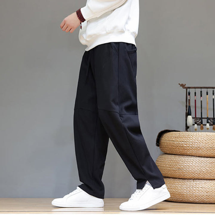 Pantaloni da uomo in cotone e lino con tasche, tinta unita, foderati in pile invernale Buddha Stones - image 14
