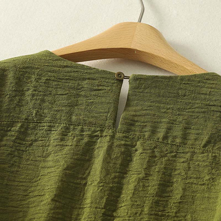 Camicia casual da donna in cotone e lino, a maniche lunghe, con scollo rotondo, verde oliva, motivo Buddha Stones - image 3