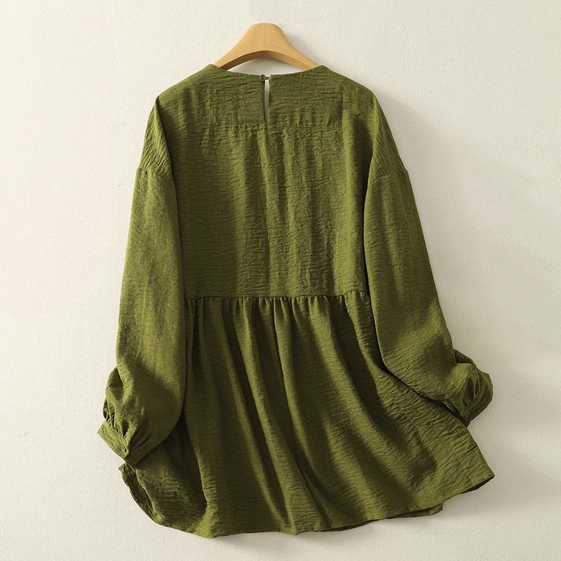Camicia casual da donna in cotone e lino, a maniche lunghe, con scollo rotondo, verde oliva, motivo Buddha Stones - image 1