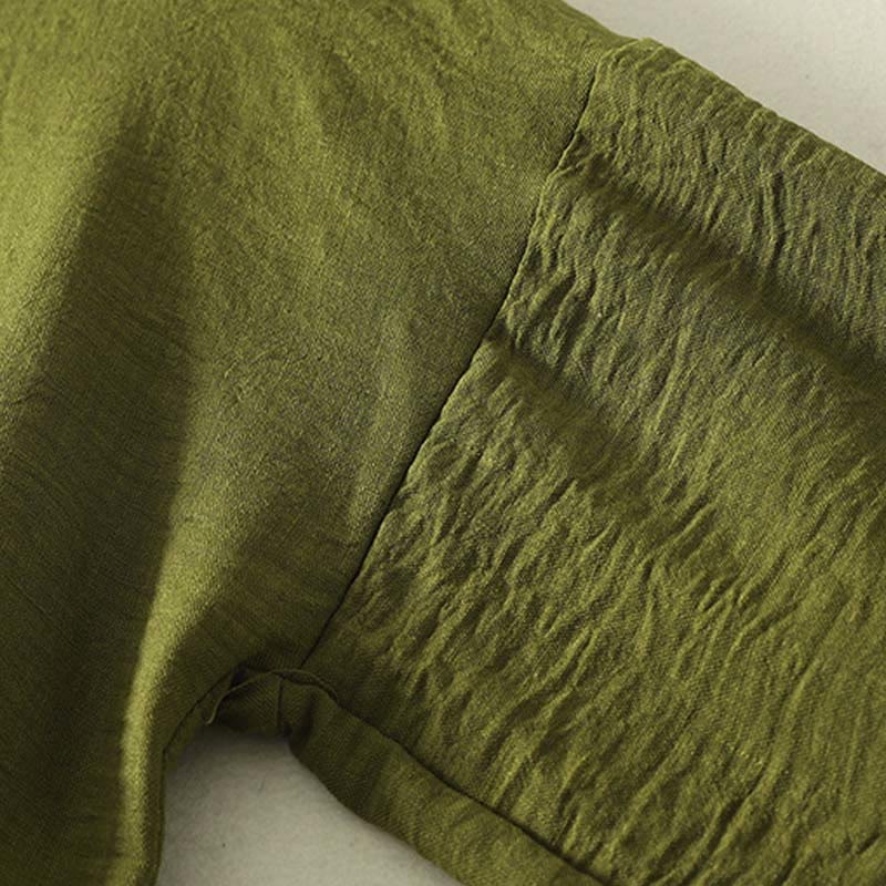 Camicia casual da donna in cotone e lino, a maniche lunghe, con scollo rotondo, verde oliva, motivo Buddha Stones - image 5