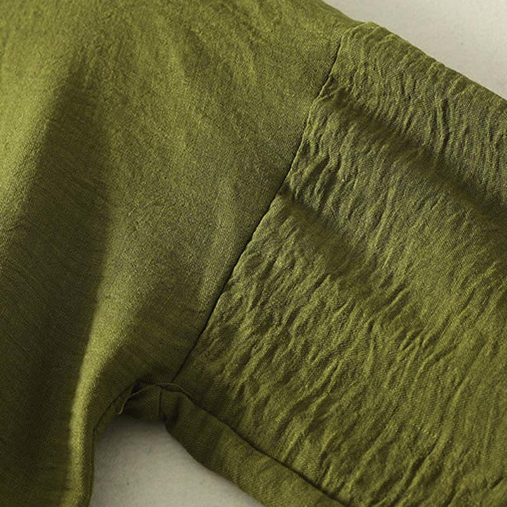 Camicia casual da donna in cotone e lino, a maniche lunghe, con scollo rotondo, verde oliva, motivo Buddha Stones - image 5