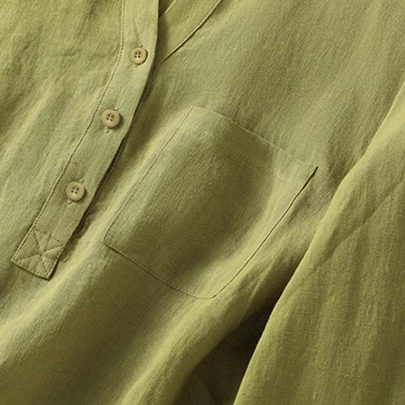 Camicia da donna a maniche lunghe con colletto rialzato e bottoni a metà, modello Buddha Stones Spring, colore cachi scuro - image 6