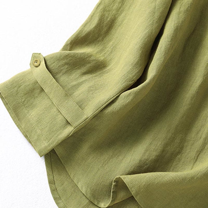 Camicia da donna a maniche lunghe con colletto rialzato e bottoni a metà, modello Buddha Stones Spring, colore cachi scuro - image 7