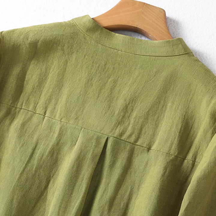 Camicia da donna a maniche lunghe con colletto rialzato e bottoni a metà, modello Buddha Stones Spring, colore cachi scuro - image 4