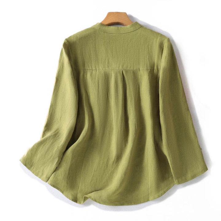Camicia da donna a maniche lunghe con colletto rialzato e bottoni a metà, modello Buddha Stones Spring, colore cachi scuro - image 1