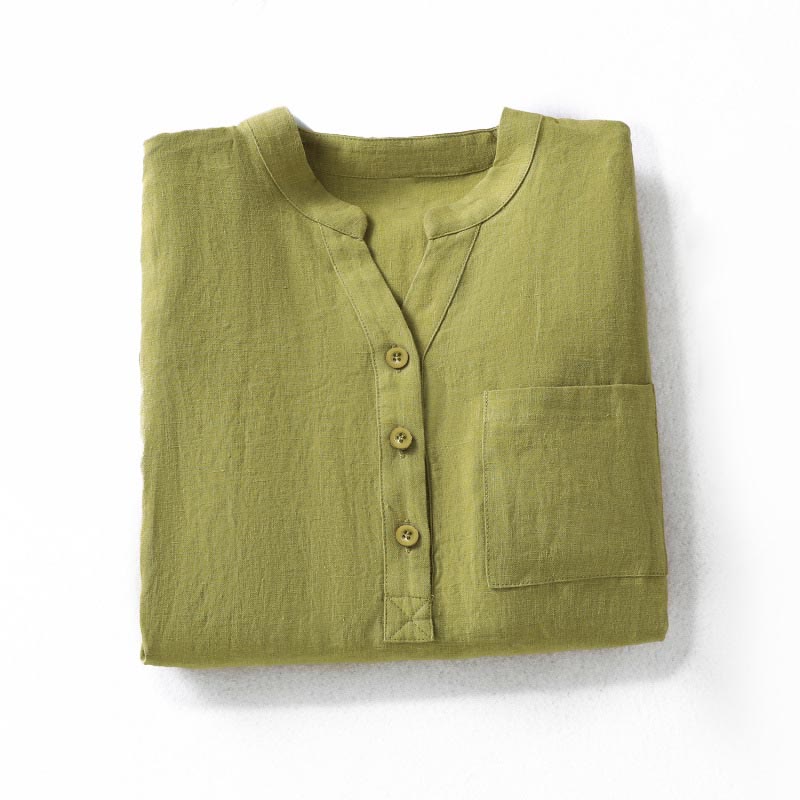 Camicia da donna a maniche lunghe con colletto rialzato e bottoni a metà, modello Buddha Stones Spring, colore cachi scuro - image 2